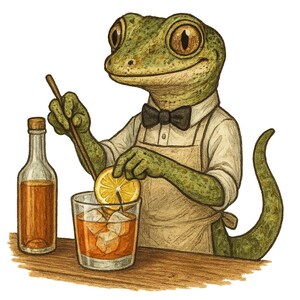 Op de afbeelding: Illustratie van een hagedis-barman die een cocktail bereidt. De hagedis, met een vlinderdas en schort, voegt een schijfje citroen toe aan een glas met ijs en amberkleurige vloeistof. Een fles amberkleurige vloeistof en een houten bar zijn ook zichtbaar.
