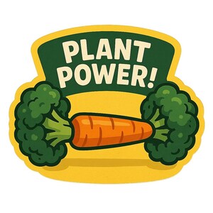 植物パワー！ – ニンジンとブロッコリーで作ったダンベル – 面白い漫画のステッカー – 耐候性 – フィットネスやビーガンユーモアのファンへのギフト