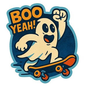 スケートボードに乗った幽霊 – 「Boo Yeah!」と言っている– 面白い漫画ステッカー – 耐候性 – スケート、ゴースト、ユーモアファンへのギフト