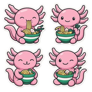 Set di adesivi con simpatici Axolotl che mangiano ramen. Divertente adesivo kawaii per laptop, auto, camper, regalo per gli appassionati di anime e amanti degli animali.