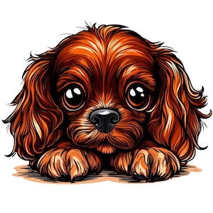 Peut inclure: Illustration numérique d'un chiot Cavalier King Charles. Le chiot a de grands yeux expressifs, un nez noir et une fourrure brun rougeâtre. Le chien est couché, les pattes tendues, et a une apparence douce et accueillante.