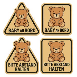 Zestaw naklejek Naklejka „Baby on Board” z misiem i znakiem ostrzegawczym – Zachowaj dystans – Urocza i funkcjonalna naklejka na samochód
