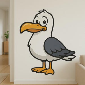 Sticker mural drôle de mouette de dessin animé - Oiseau ludique dans un style comique pour la décoration de salle de bain, de chambre d'enfant ou de camping-car fans côtiers amoureux des animaux