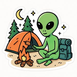 Alien Camping Sticker – Funny Car Sticker – Weatherproof, Extraterrestrial – Gift for Sci-Fi Fans, Campers, and Nerds