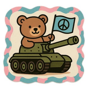 Adesivo orsacchiotto in un carro armato con bandiera della pace Adesivo fumetto per gli amanti dei coccoloni Satirici anti-guerra e nerd militari con ironia