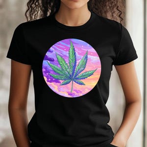 Cannabis Leaf Cartoon Dames T-shirt Katoen Hoogwaardig Bedrukt Vrijetijdsshirt met Uniek Motief in Veel Maten S tot 3XL