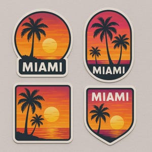 Set di adesivi con il tramonto di Miami, adesivo Palm Beach, motivo di vacanza tropicale, souvenir di viaggio, adesivo per laptop, decorazione colorata, idea regalo