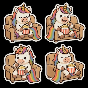 Lindo juego de pegatinas de unicornio, pegatinas de unicornio arcoíris, unicornio de dibujos animados con palomitas de maíz, decoración divertida de unicornio, pegatinas para habitación infantil, kawaii