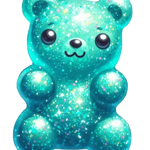 Puede incluir: Ilustración de un oso de goma turquesa con purpurina y un diseño de dibujos animados. El oso tiene ojos negros grandes, una nariz negra pequeña y una boca curvada. El cuerpo del oso es de color turquesa claro con detalles de purpurina.