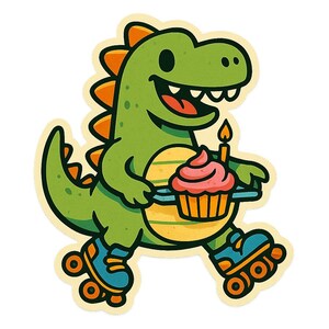 ローラースケートに乗ったカップケーキトレイを持つ恐竜 - 面白い漫画ステッカー - 耐候性 - 恐竜、キャンディ、ユーモアファンへのギフト