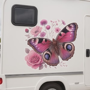 キャラバンステッカー、ピンクの花と蝶、キャンピングカーステッカー、キャンピングカーの装飾、キャンプステッカー、花のモチーフ、自然デザイン、屋外