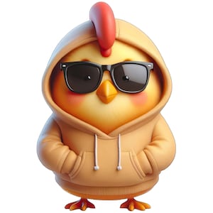 Puede incluir: Un pollito de dibujos animados con una sudadera con capucha color beige y gafas de sol negras. El pollito tiene una cresta roja y un pico amarillo. Sus manos están en los bolsillos de la sudadera y tiene mejillas rosadas. El fondo es blanco.