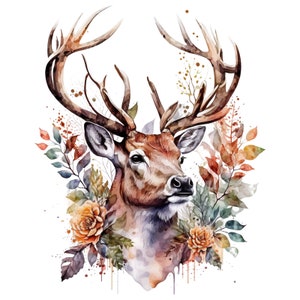 Pegatina de acuarela de ciervo: pegatina floral de animales del bosque con astas como decoración bohemia otoñal para amantes de la naturaleza y diseño de paredes rústico.