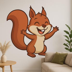 Adhesivo de pared de ardilla feliz: divertido motivo de animales del bosque para la sala de estar, la habitación de los niños o la decoración de casas móviles para los amantes de los animales de la naturaleza.