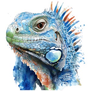 Könnte beinhalten: Aquarell-Illustration eines blauen Leguan-Kopfes. Der Leguan hat detaillierte Schuppen in Blau-, Grün- und Orangetönen. Das Auge ist braun, und das Bild hat einen weichen, künstlerischen Stil.
