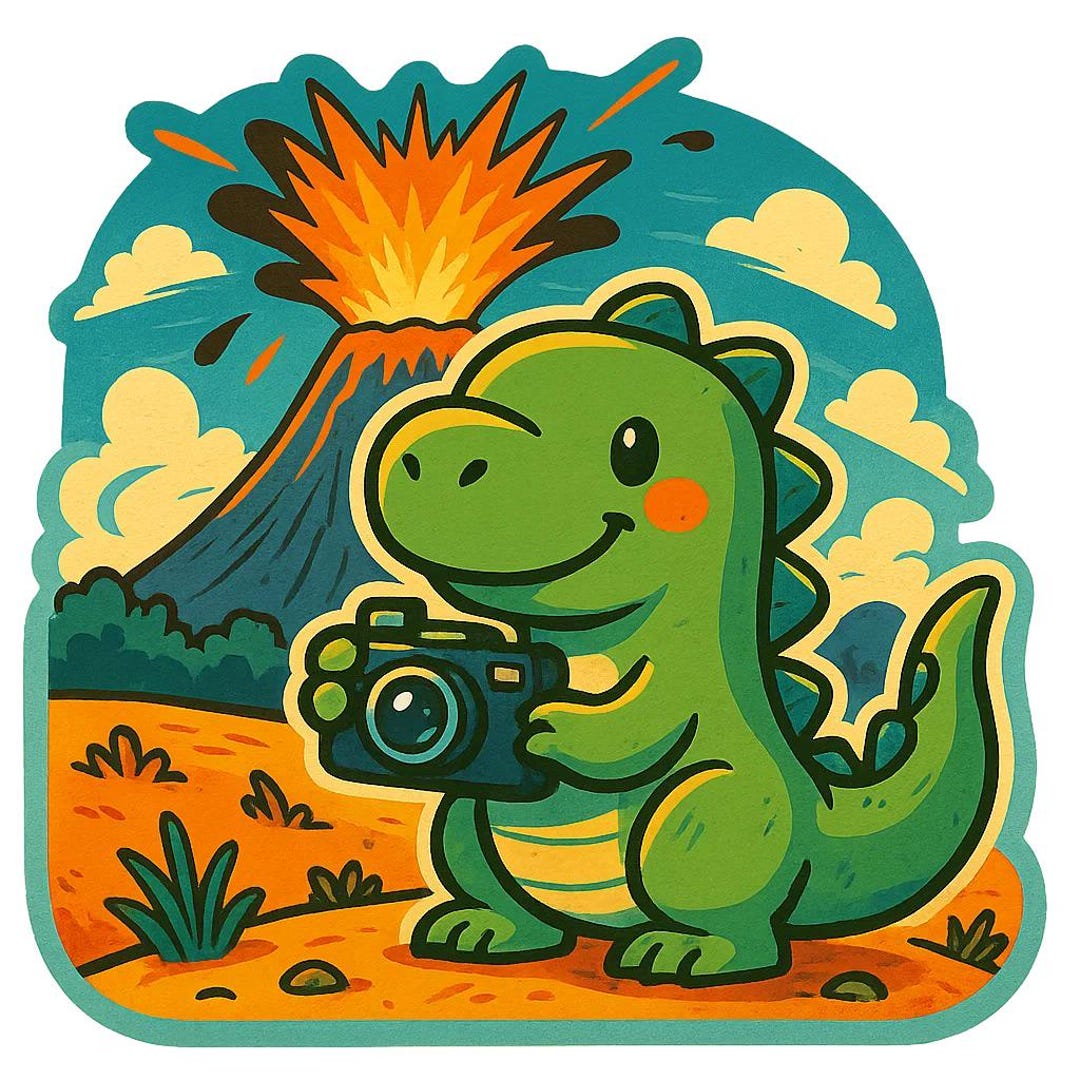 Dino With Camera in Front of Volcano Sticker – Funny Car Sticker ...