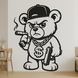 Sticker mural ours en peluche gangster – Dessin humoristique de style urbain pour chambre d'enfant, chambre d'adolescent ou décoration de mobil-home pour les fans de hip-hop et de bandes dessinées