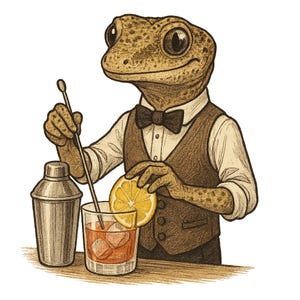 Pode incluir: Ilustração de um barman lagarto com colete e gravata borboleta, preparando um coquetel. O lagarto está segurando uma fatia de limão e uma colher de bar. Uma coqueteleira e um copo com gelo e uma bebida também são visíveis.
