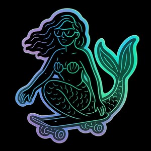 スケートボードとサングラスをかけたマーメイド – 面白い漫画ステッカー – 耐候性 – ファンタジー、スケート、ユーモアファンへのギフト