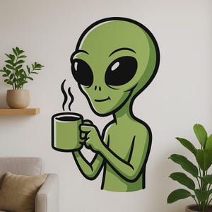 Alien with Coffee Cup Wall Sticker Funny Cartoon Decal for Wall RV Laptop Gift for Coffee Junkies, Sci-Fi and Humor Fans