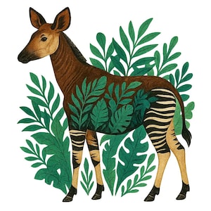 May include: An illustration of an okapi, a mammal with a brown body, black and white striped legs, and large ears. The okapi is surrounded by green leaves, creating a jungle-like scene. The artwork has a watercolor style.