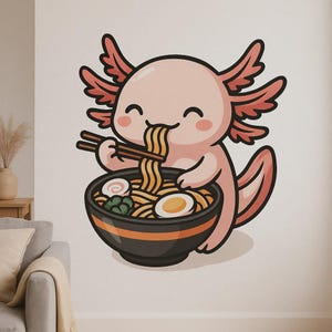 Adhesivo de pared de un lindo ajolote comiendo ramen: divertido motivo animal para decorar la cocina, la habitación de los niños o la autocaravana para los amantes de los anfibios kawaii y del ramen.