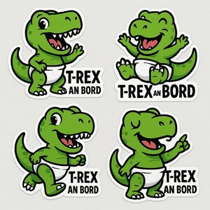 Zestaw naklejek T-Rex na pokładzie – zabawna naklejka „Baby on Board” z dinozaurem w pieluszce – naklejka na samochód z humorem – odporna na warunki atmosferyczne i przyciągająca wzrok