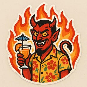 Pegatina de diablo con camisa hawaiana y copa de cóctel. Divertida pegatina de demonio cómico para amigos de verano, fanáticos de la sátira y fanáticos de la pasión.