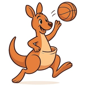 Può includere: Illustrazione di un cartone animato di un canguro sorridente in tonalità arancioni, che gioca a basket. Il canguro è a metà salto, che raggiunge una palla da basket marrone con linee nere. Il canguro ha una tasca e si trova su uno sfondo bianco.