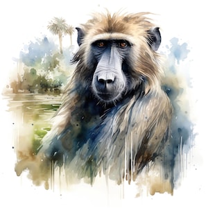 May include: A watercolour painting of a baboon, featuring brown and blue fur and a light grey face. The baboon is looking directly at the viewer. The background has a watercolour wash of green, blue, and brown, with palm trees.