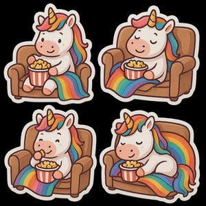 Lindo juego de pegatinas de unicornio, pegatinas de unicornio arcoíris, unicornio de dibujos animados con palomitas de maíz, decoración divertida de unicornio, pegatinas para habitación infantil, kawaii