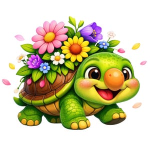 May include: A cartoon illustration of a smiling green turtle with a brown shell. The turtle is adorned with a vibrant arrangement of pink, yellow, purple, and white flowers. The turtle has a large orange nose and is surrounded by falling petals.