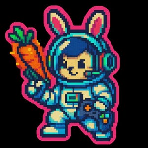 Conejito astronauta con pistola espacial de zanahoria – Pegatina divertida de dibujos animados – Resistente a la intemperie – Regalo para amantes del espacio, los animales y el humor