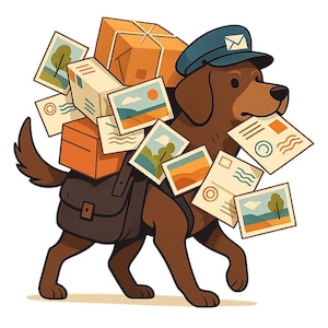 Puede incluir: Ilustración de un perro marrón con gorra de cartero azul que lleva correo. El perro tiene una bolsa y está cargado de paquetes y postales. Las postales presentan paisajes. El perro camina sobre un fondo blanco.
