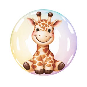 May include: A watercolor illustration of a smiling giraffe with brown spots, sitting inside a large, colorful bubble. The bubble has a gradient of yellow, blue, and purple hues. The giraffe has a happy expression.