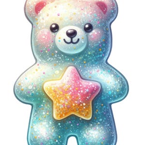 Puede incluir: Ilustración de un oso de goma brillante. El oso es un degradado de azul, blanco y rosa, con un caramelo en forma de estrella en el centro. El oso tiene pequeños ojos negros y una cara linda y sonriente. La imagen tiene una calidad suave y soñadora.