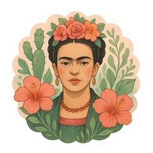 Adesivi floreali di Frida Kahlo | Adesivo di arte botanica | Composizione floreale con ibisco e cactus | Idea regalo per artisti