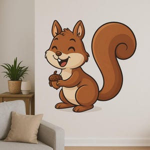 Adhesivo de pared de ardilla feliz: divertido motivo de animales del bosque para la sala de estar, la habitación de los niños o la decoración de casas móviles para los amantes de los animales de la naturaleza.