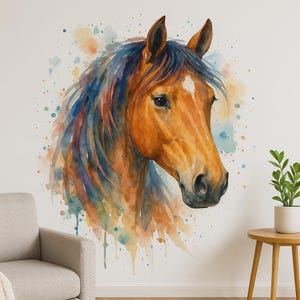 May include: A watercolour painting of a horse's head. The horse has a brown coat and a blue and brown mane. The background features colourful watercolour splashes in shades of orange, blue, and yellow. The artwork is mounted on a white wall.