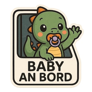 Pegatina de dinosaurio "Bebé a bordo": simpática pegatina para coche con un dinosaurio de dibujos animados y un chupete. Resistente a la intemperie e ideal para padres.