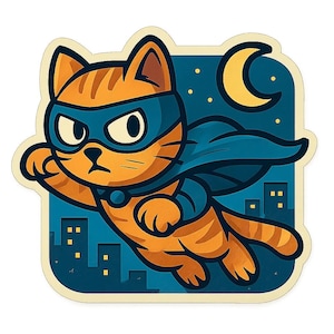 秘密のスーパーヒーロー猫が街中を飛び回る - 面白い漫画ステッカー - 耐候性 - 猫、漫画、ユーモアファンへのギフト