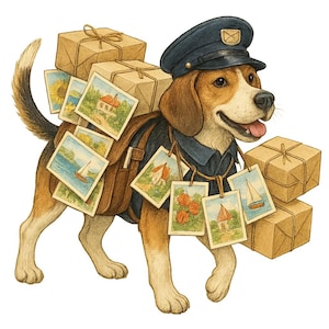 Puede incluir: Ilustración de un beagle con uniforme de cartero, gorra y paquetes. El perro tiene pelaje marrón y blanco, uniforme azul y expresión alegre. Las postales muestran diversas escenas.