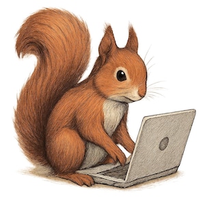 May include: A digital illustration of a brown squirrel using a grey laptop. The squirrel has a large, bushy tail and is focused on the screen. The background is plain white.