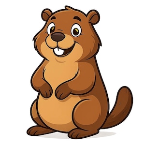 May include: A cartoon illustration of a smiling beaver. The beaver has brown fur, a light brown belly, and a large, flat tail. It is standing upright with its paws clasped in front. The beaver has large, round eyes and two prominent front teeth.