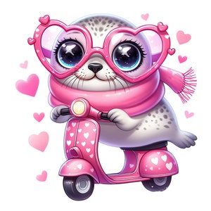 Bonita pegatina de foca rosa con forma de scooter, corazón, gafas, animal, bebé, regalo, decoración, habitación infantil, divertido dibujo animado