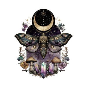 Puede incluir: Ilustración detallada de una polilla con intrincados patrones en las alas en tonos azules, verdes y morados. La polilla está centrada sobre un grupo de cristales, setas y flores, sobre un fondo de luna creciente y cielo estrellado.
