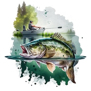 May include: A watercolor illustration of a largemouth bass jumping out of the water. The fish is green, brown, and white with a large mouth and sharp teeth. A fisherman in a boat is visible in the background.