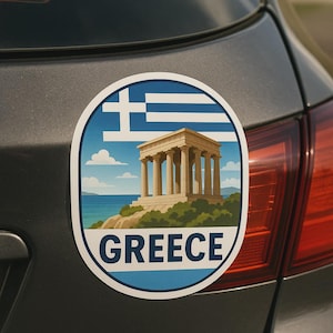 Adesivo con bandiera greca con tempio e vista mare per camper, laptop, auto, regalo per tifosi e viaggiatori dell'Hellas