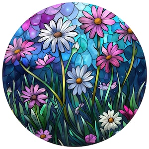 Car Sticker Daisy Stained Glass Sticker Floral Flower Motif Vinyl Decal for Car Laptop Window Decor Colorful Romantic
