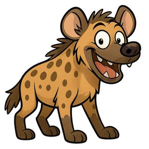 May include: Cartoon illustration of a hyena with a smiling expression. The hyena has a tan body with brown spots, a dark brown nose, and large, expressive eyes. Its mouth is open, revealing teeth and a pink tongue.